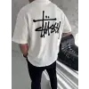 Unisex Bisiklet Yaka Baskılı Oversize T-Shirt - Beyaz