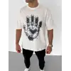 Unisex Bisiklet Yaka Baskılı Oversize T-Shirt - Beyaz
