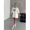 Unisex Bisiklet Yaka Baskılı Oversize T-Shirt - Beyaz