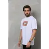 Unisex Bisiklet Yaka Baskılı Oversize T-Shirt - Beyaz