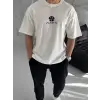 Unisex Bisiklet Yaka Baskılı Oversize T-Shirt - Beyaz