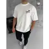 Unisex Bisiklet Yaka Baskılı Oversize T-Shirt - Beyaz