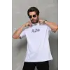 Unisex Bisiklet Yaka Baskılı Oversize T-Shirt - Beyaz