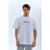 Unisex Bisiklet Yaka Baskılı Oversize T-Shirt - Beyaz