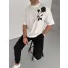 Unisex Bisiklet Yaka Baskılı Oversize T-Shirt - Beyaz