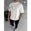 Unisex Bisiklet Yaka Baskılı Oversize T-Shirt - Beyaz