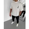 Unisex Bisiklet Yaka Baskılı Oversize T-Shirt - Beyaz