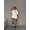 Unisex Bisiklet Yaka Baskılı Oversize T-Shirt - Beyaz