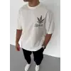Unisex Bisiklet Yaka Baskılı Oversize T-Shirt - Beyaz