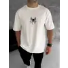 Unisex Bisiklet Yaka Baskılı Oversize T-Shirt - Beyaz