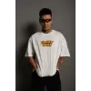 Unisex Bisiklet Yaka Baskılı Oversize T-Shirt - Beyaz