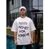 Unisex Bisiklet Yaka Baskılı Oversize T-Shirt - Beyaz