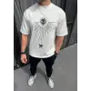 Unisex Bisiklet Yaka Baskılı Oversize T-Shirt - Beyaz