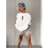 Unisex Bisiklet Yaka Baskılı Oversize T-Shirt - Beyaz