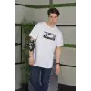 Unisex Bisiklet Yaka Baskılı Oversize T-Shirt - Beyaz