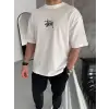 Unisex Bisiklet Yaka Baskılı Oversize T-Shirt - Beyaz