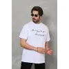 Unisex Bisiklet Yaka Baskılı Oversize T-Shirt - Beyaz