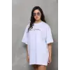 Unisex Bisiklet Yaka Baskılı Oversize T-Shirt - Beyaz