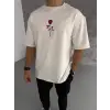 Unisex Bisiklet Yaka Baskılı Oversize T-Shirt - Beyaz