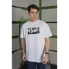 Unisex Bisiklet Yaka Baskılı Oversize T-Shirt - Beyaz