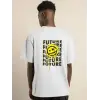 Unisex Bisiklet Yaka Baskılı Oversize T-Shirt - Beyaz