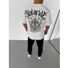 Unisex Bisiklet Yaka Baskılı Oversize T-Shirt - Beyaz