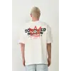 Unisex Bisiklet Yaka Baskılı Oversize T-Shirt - Beyaz