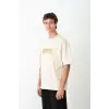 Unisex Bisiklet Yaka Baskılı Oversize T-Shirt - Beyaz