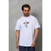 Unisex Bisiklet Yaka Baskılı Oversize T-Shirt - Beyaz