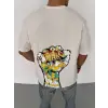 Unisex Bisiklet Yaka Baskılı Oversize T-Shirt - Beyaz