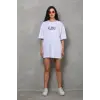 Unisex Bisiklet Yaka Baskılı Oversize T-Shirt - Beyaz