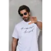 Unisex Bisiklet Yaka Baskılı Oversize T-Shirt - Beyaz