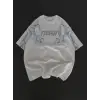 Unisex Bisiklet Yaka Baskılı Oversize T-Shirt - Beyaz