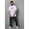 Unisex Bisiklet Yaka Baskılı Oversize T-Shirt - Beyaz