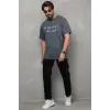 Unisex Bisiklet Yaka Baskılı Oversize T-Shirt - Füme
