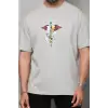 Unisex Bisiklet Yaka Baskılı Oversize T-Shirt - Gri
