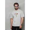 Unisex Bisiklet Yaka Baskılı Oversize T-Shirt - Gri