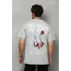 Unisex Bisiklet Yaka Baskılı Oversize T-Shirt - Gri