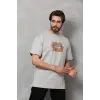 Unisex Bisiklet Yaka Baskılı Oversize T-Shirt - Gri