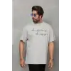 Unisex Bisiklet Yaka Baskılı Oversize T-Shirt - Gri