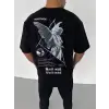 Unisex Bisiklet Yaka Baskılı Oversize T-Shirt - Siyah