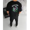 Unisex Bisiklet Yaka Baskılı Oversize T-Shirt - Siyah