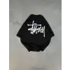 Unisex Bisiklet Yaka Baskılı Oversize T-Shirt - Siyah