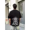 Unisex Bisiklet Yaka Baskılı Oversize T-Shirt - Siyah