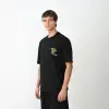 Unisex Bisiklet Yaka Baskılı Oversize T-Shirt - Siyah