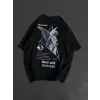 Unisex Bisiklet Yaka Baskılı Oversize T-Shirt - Siyah