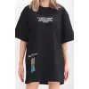 Unisex Bisiklet Yaka Baskılı Oversize T-Shirt - Siyah