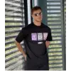 Unisex Bisiklet Yaka Baskılı Oversize T-Shirt - Siyah