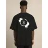 Unisex Bisiklet Yaka Baskılı Oversize T-Shirt - Siyah