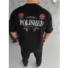 Unisex Bisiklet Yaka Baskılı Oversize T-Shirt - Siyah
